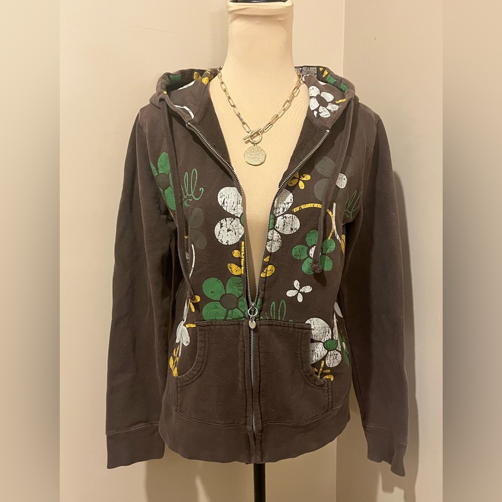 O’Neill Brown Floral Design  Zip Front Hoodie Jacket, size L